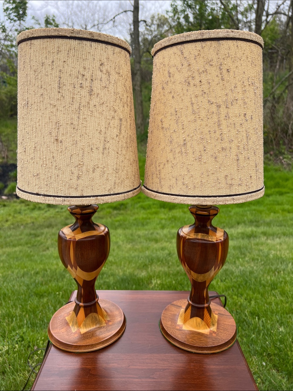 1960s Mid-Century Modern Handcrafted Wood Marquetry Inlay Bedside Boudoir Lamps
